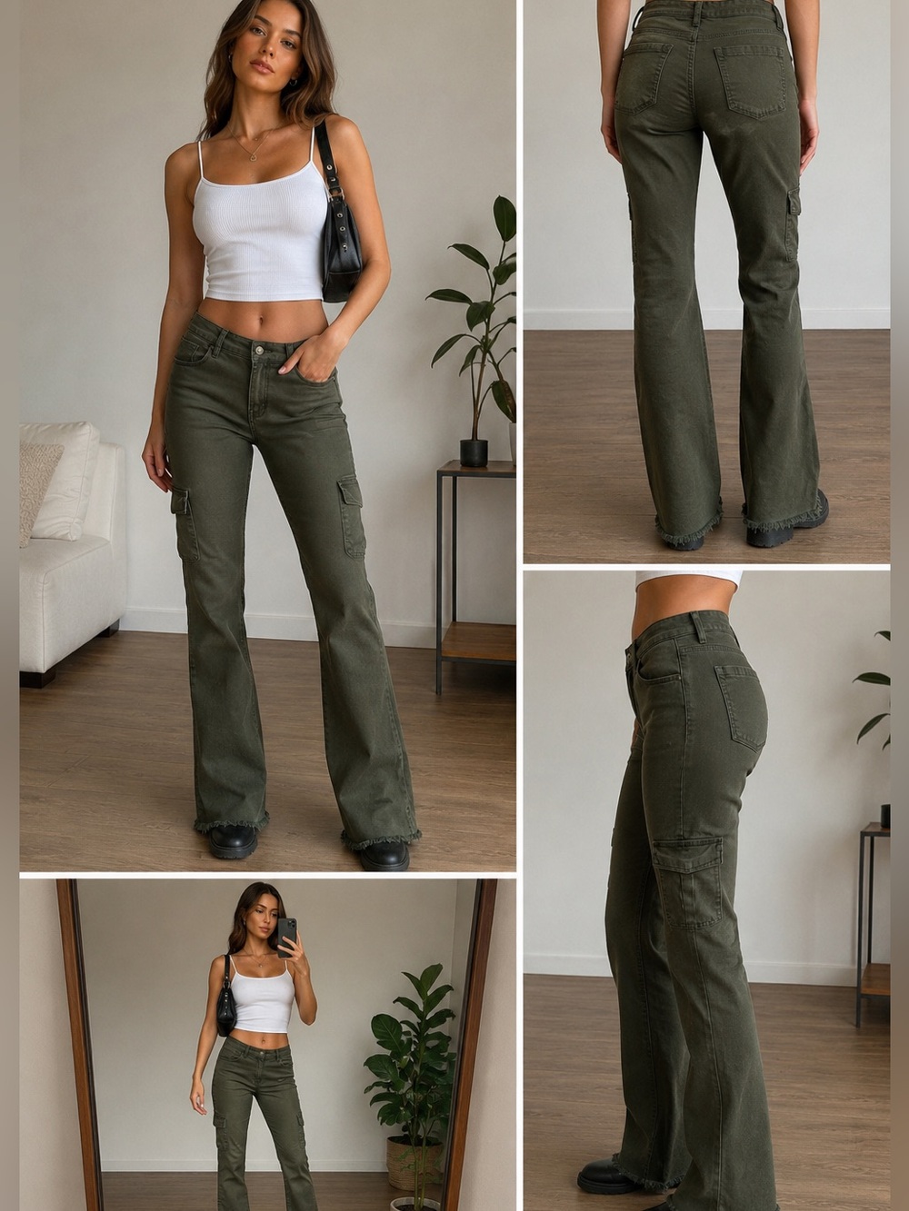 Well Worn Olive Green Cargo Flare 10 Pants Frayed Hem Stretch Utility Y2K
